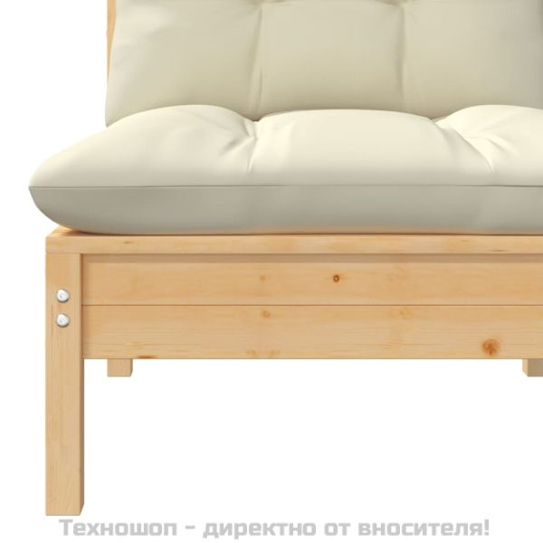 2-местен градински диван с кремави възглавници, бор масив