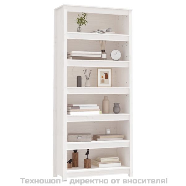 Библиотека, бяла, 80x35x183 см, борово дърво масив