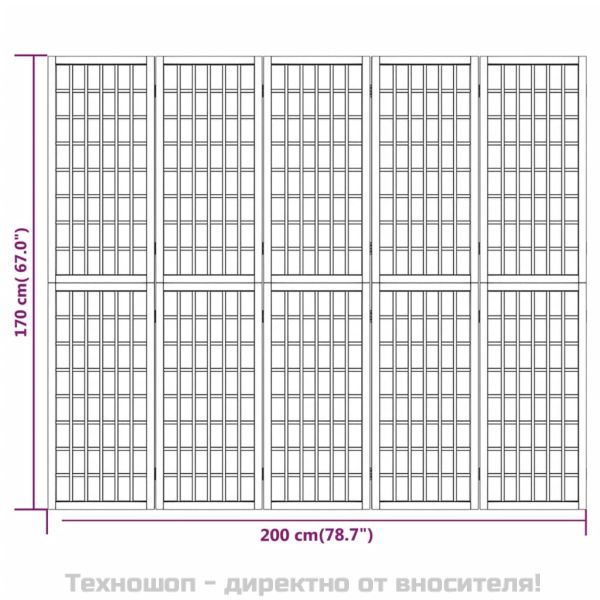 Параван за стая, 5 панела, японски стил, 200x170 cм, черен