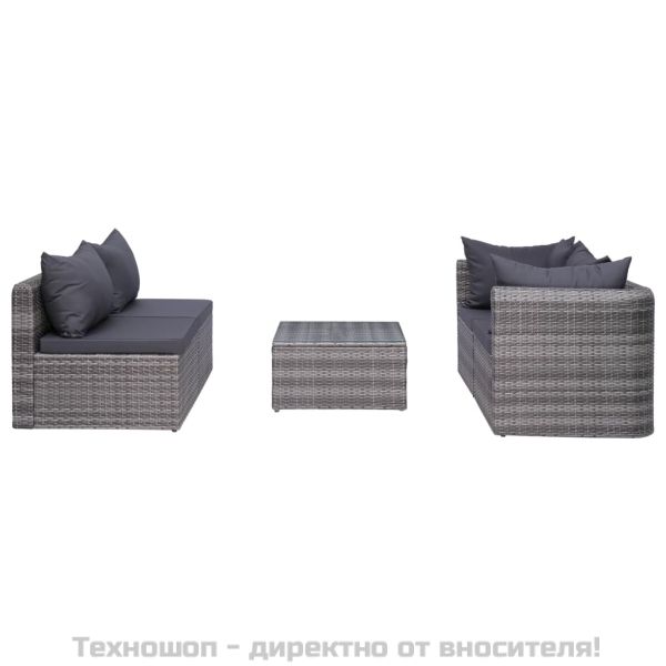 Градински комплект с възглавници, 5 части, полиратан, сив