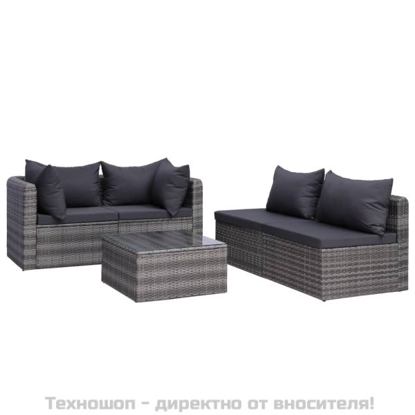 Градински комплект с възглавници, 5 части, полиратан, сив