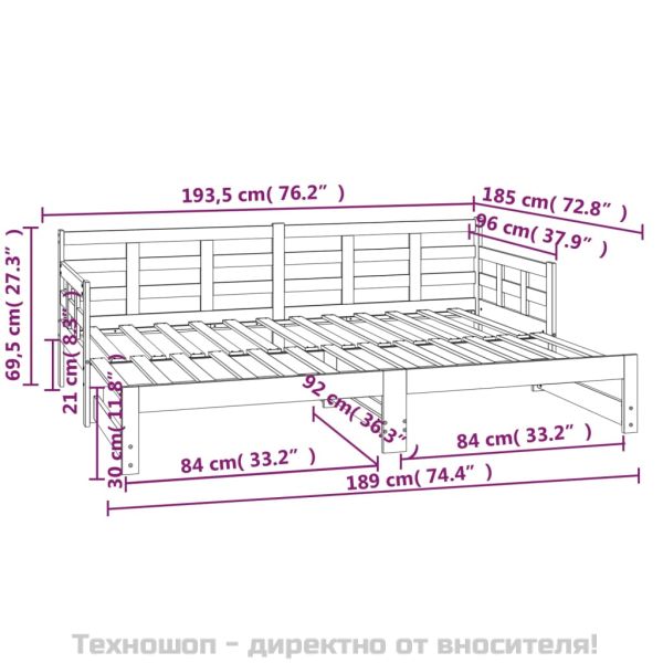 Разтегателна кушетка, черна, борово дърво масив, 2x(90x190) см