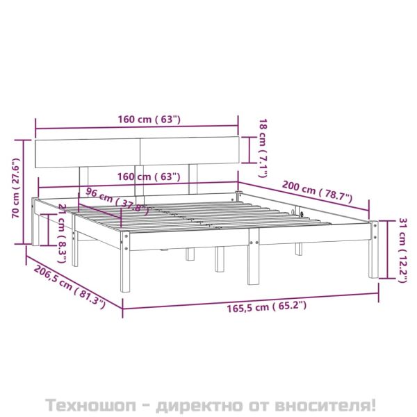 Рамка за легло, черна, бор масив, 160х200 см