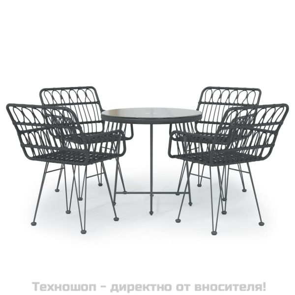 Градински трапезен комплект, 5 части, черен, полиратан