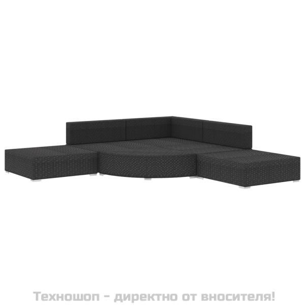 Градински комплект с възглавници, 6 части, черен полиратан