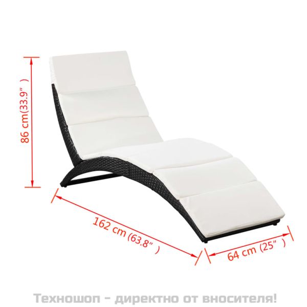 Сгъваем шезлонг с шалте, полиратан, черен