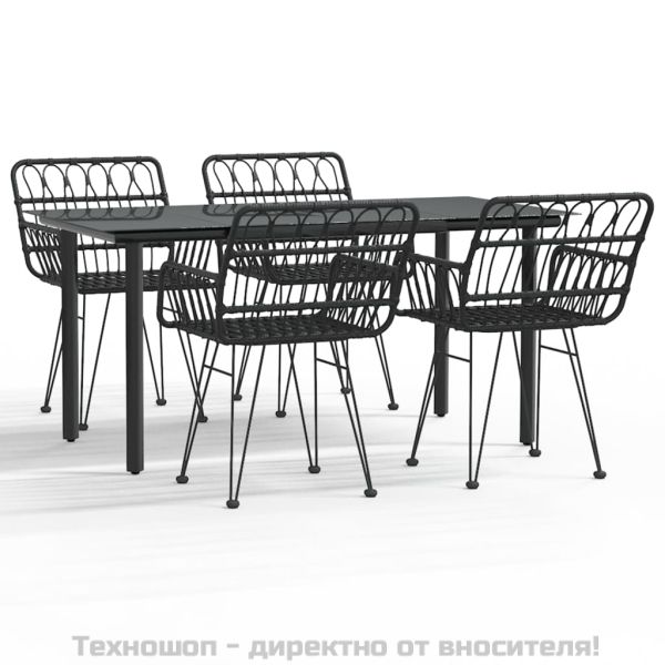 Градински трапезен комплект, 5 части, черен, полиратан
