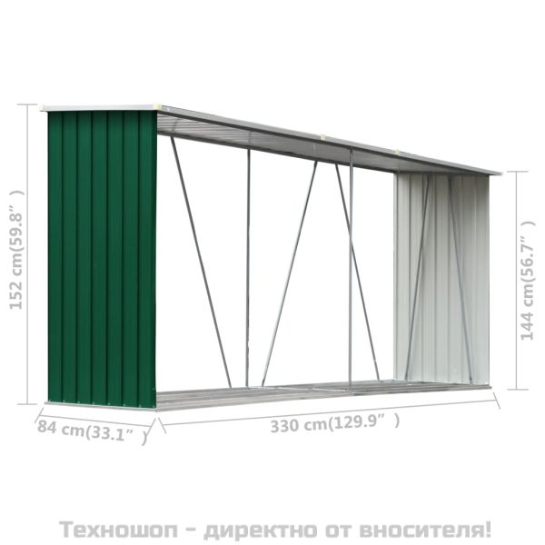 Навес за дърва, поцинкована стомана, 330x84x152 см, зелен