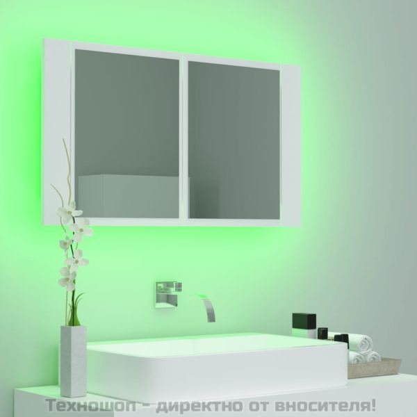Шкаф с LED огледало за баня, бял, 80x12x45 см, акрил