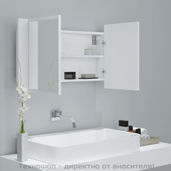 Шкаф с LED огледало за баня, бял, 80x12x45 см, акрил