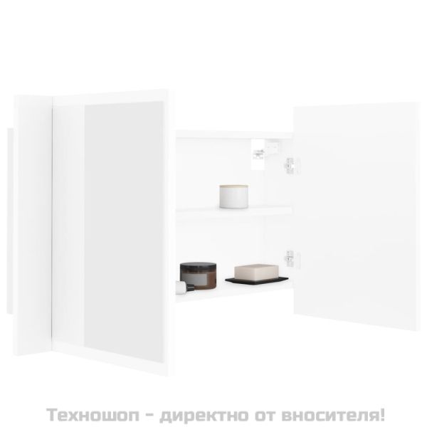Шкаф с LED огледало за баня, бял, 80x12x45 см, акрил