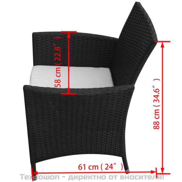 Градински комплект с възглавници, 7 части, черен полиратан