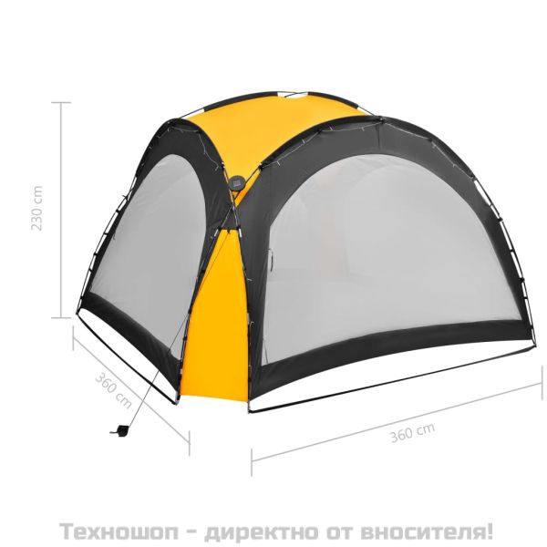 Парти шатра с LED и 4 стени, 3,6x3,6x2,3 м, жълта