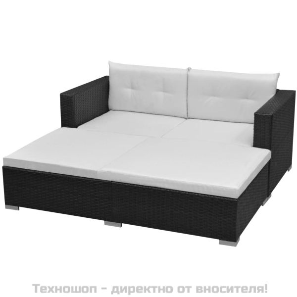 Градински комплект с възглавници, 3 части, черен полиратан