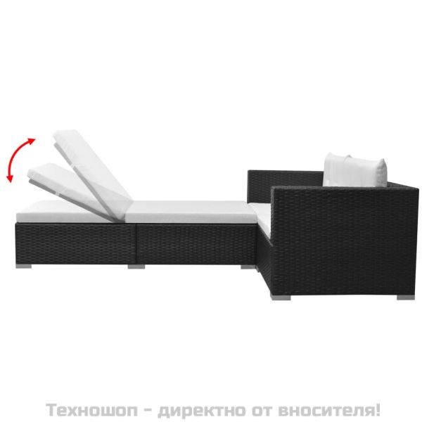 Градински комплект с възглавници, 3 части, черен полиратан