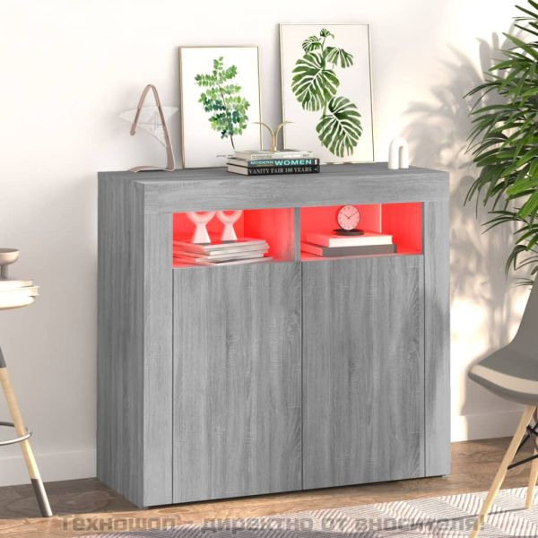Сайдборд с LED светлини, сив сонома, 80x35x75 см