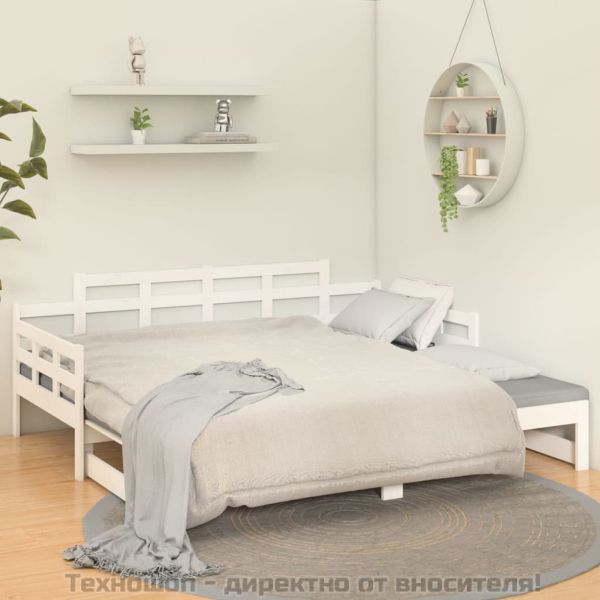 Разтегателна кушетка, бяла, борово дърво масив, 2x(90x190) см