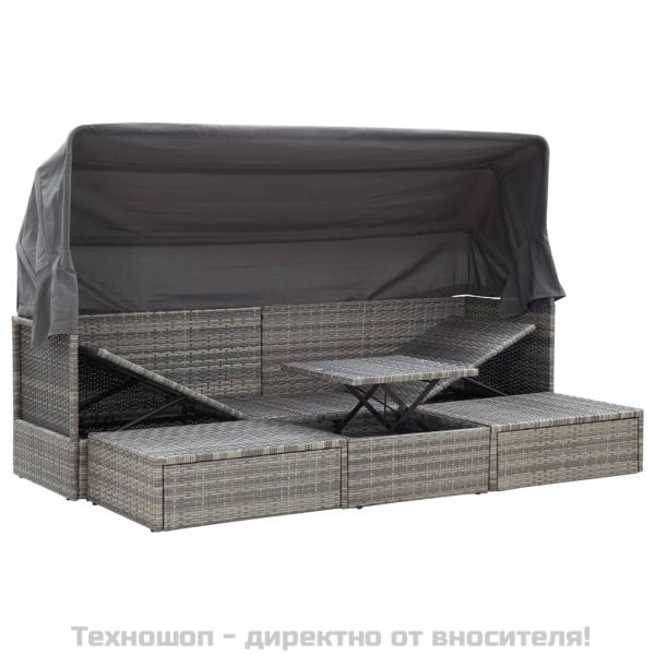 Градинско лаундж легло със сенник смесено сиво полиратан