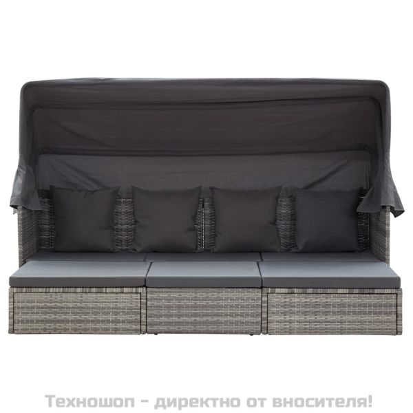 Градинско лаундж легло със сенник смесено сиво полиратан