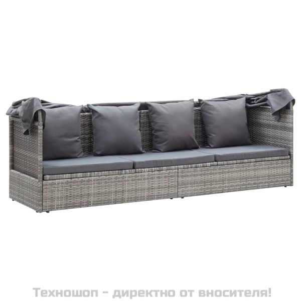 Градинско лаундж легло със сенник смесено сиво полиратан