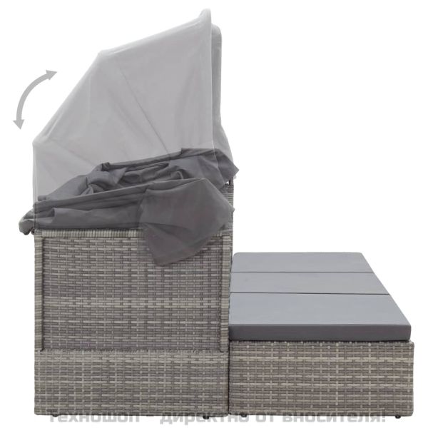 Градинско лаундж легло със сенник смесено сиво полиратан