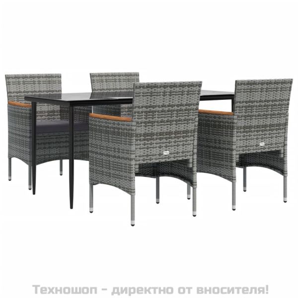 Градински трапезен комплект с възглавници 5 части, сиво и черно