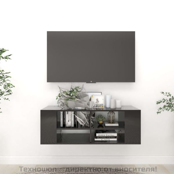 ТВ шкаф за стенен монтаж, черен гланц, 102x35x35 см