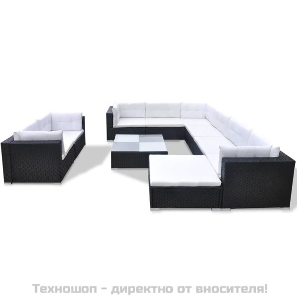 Градински комплект с възглавници, 10 части, черен полиратан