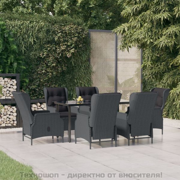Градински трапезен комплект от 7 части, полиратан, тъмносив