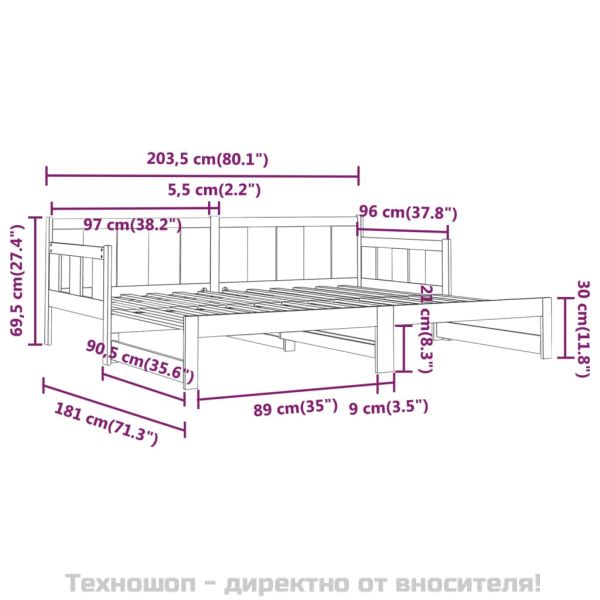 Разтегателна кушетка, бяла, борово дърво масив, 2x(90x200) см