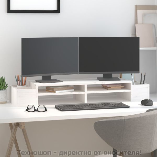 Поставка за монитор, бяла, 100x27,5x15 см, бор масив