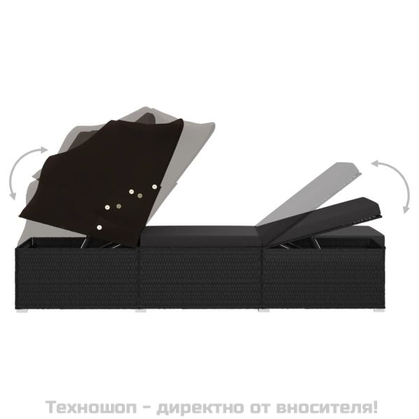 Шезлонг с шалте и навес, полиратан, черен
