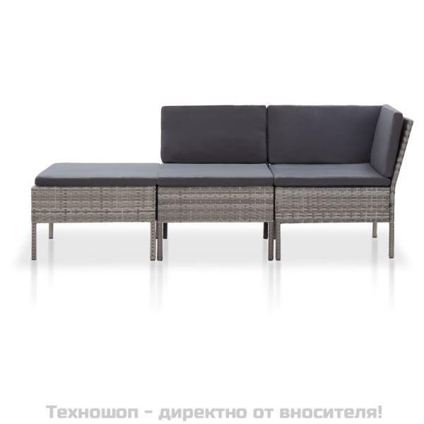 Градински комплект с възглавници, 3 части, полиратан, сив