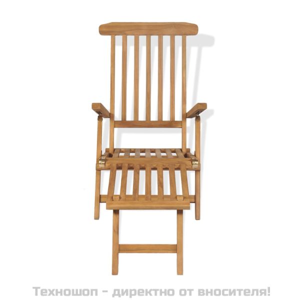 Градински шезлонг с подложка за крака, тиково дърво масив