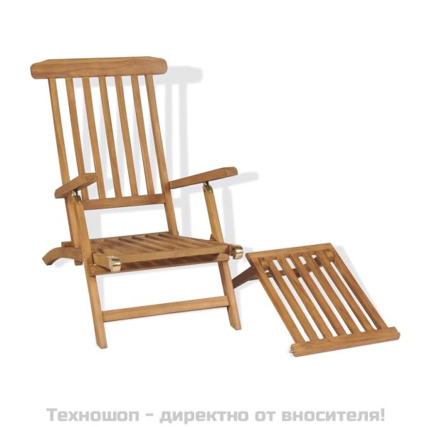 Градински шезлонг с подложка за крака, тиково дърво масив
