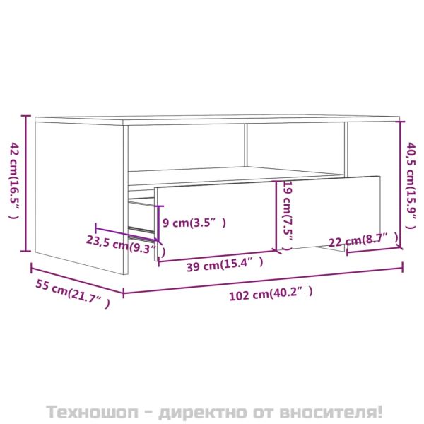 Кафе маса, опушен дъб, 102x55x42 см, инженерно дърво