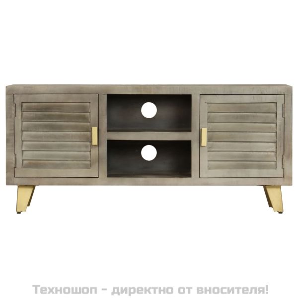 ТВ шкаф, масивно мангово дърво, сиво с месинг, 110x30x48 см