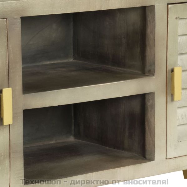 ТВ шкаф, масивно мангово дърво, сиво с месинг, 110x30x48 см