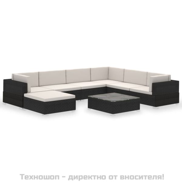 Градински комплект с възглавници, 8 части, черен полиратан