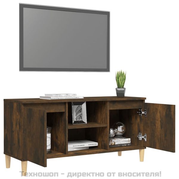 ТВ шкаф с крака от масивно дърво, опушен дъб, 103,5x35x50 см