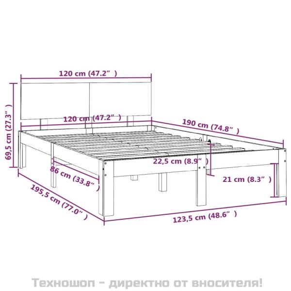 Рамка за легло, бяла, дърво масив, 120x190 см, Small Double