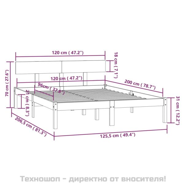 Рамка за легло, черна, бор масив, 120х200 см
