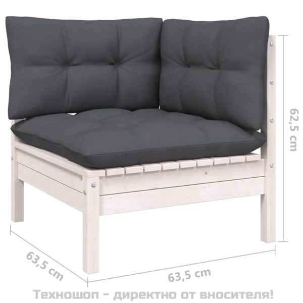 Градински лаундж комплект 3 части с възглавници бял бор масив