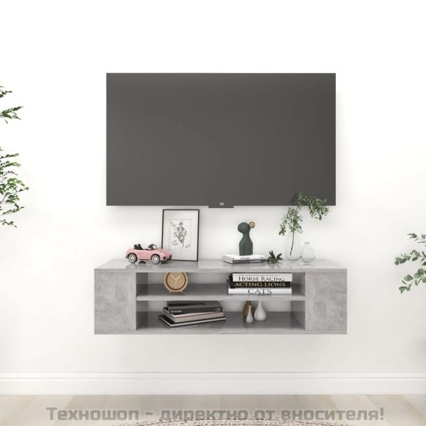 Окачен TВ шкаф, бетонно сив, 100x30x26,5 см, инженерно дърво