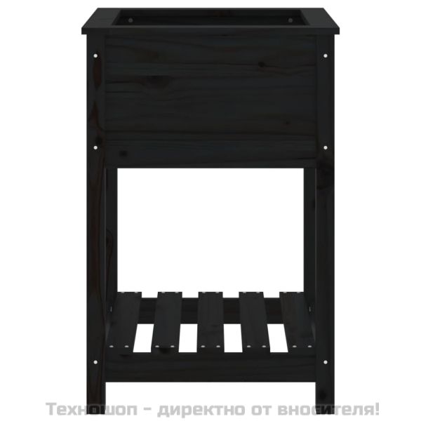 Плантер с рафт, черен, 54x54x81 см, борово дърво масив