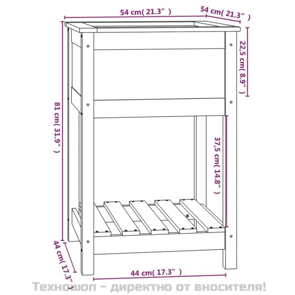Плантер с рафт, черен, 54x54x81 см, борово дърво масив