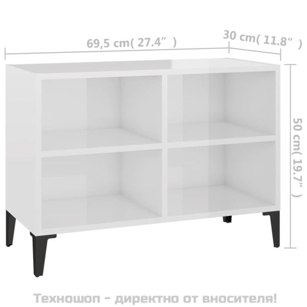 ТВ шкаф с метални крака, бял гланц, 69,5x30x50 см