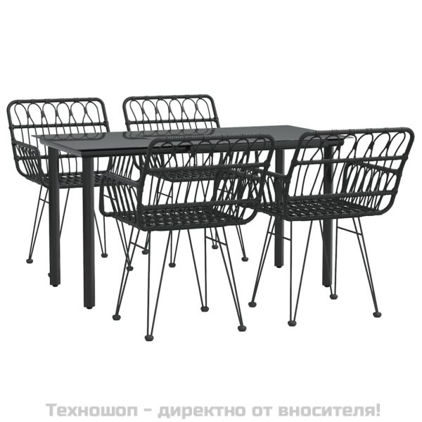 Градински трапезен комплект, 5 части, черен, полиратан