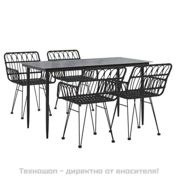Градински трапезен комплект, 5 части, черен, полиратан