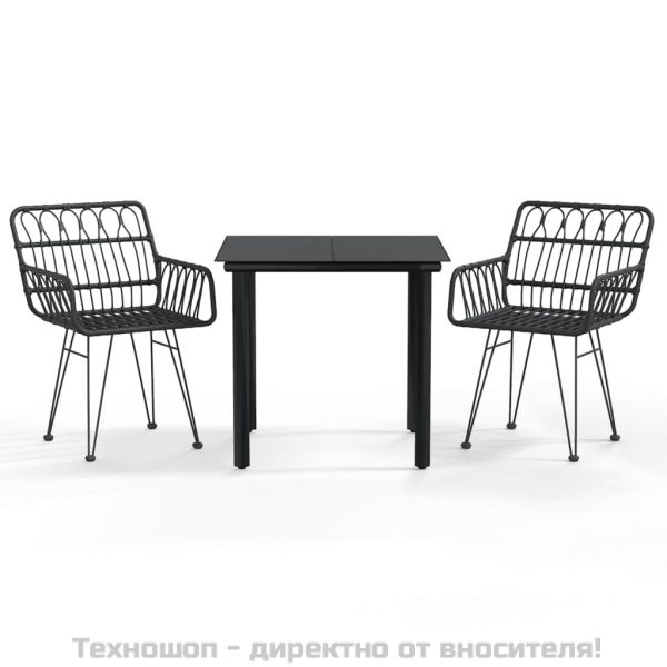 Градински трапезен комплект, 3 части, черен, полиратан
